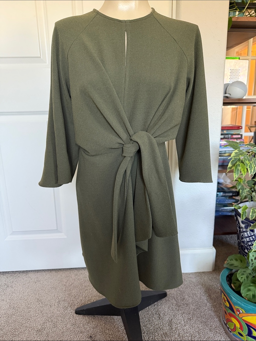 Topshop Olive Green Midi Dress with Front Tie